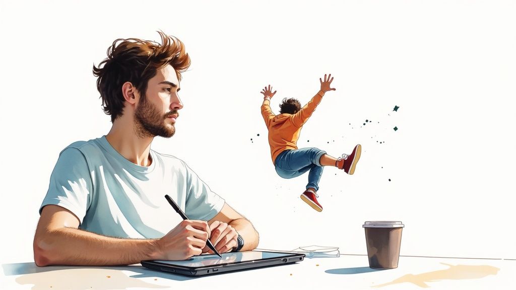 Artist drawing on tablet with stylus, creating a leaping animated character and spilled coffee.