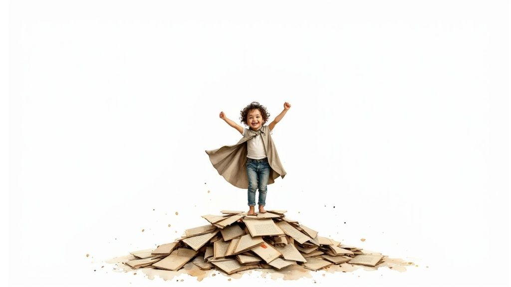 A joyful child in a cape stands triumphantly on a large pile of open books.