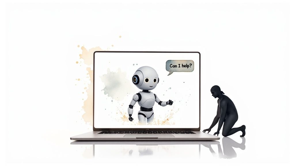 A modern AI chatbot interface overlayed on an e-commerce website, assisting a customer with a product query.