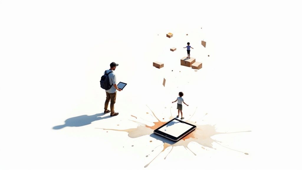 A man observes two children interacting with tablets and floating boxes, symbolizing digital creation and game development.