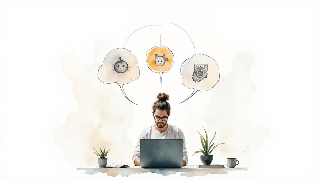 Watercolor illustration of a person on a laptop with thought bubbles showing robot, cat, and camera icons.