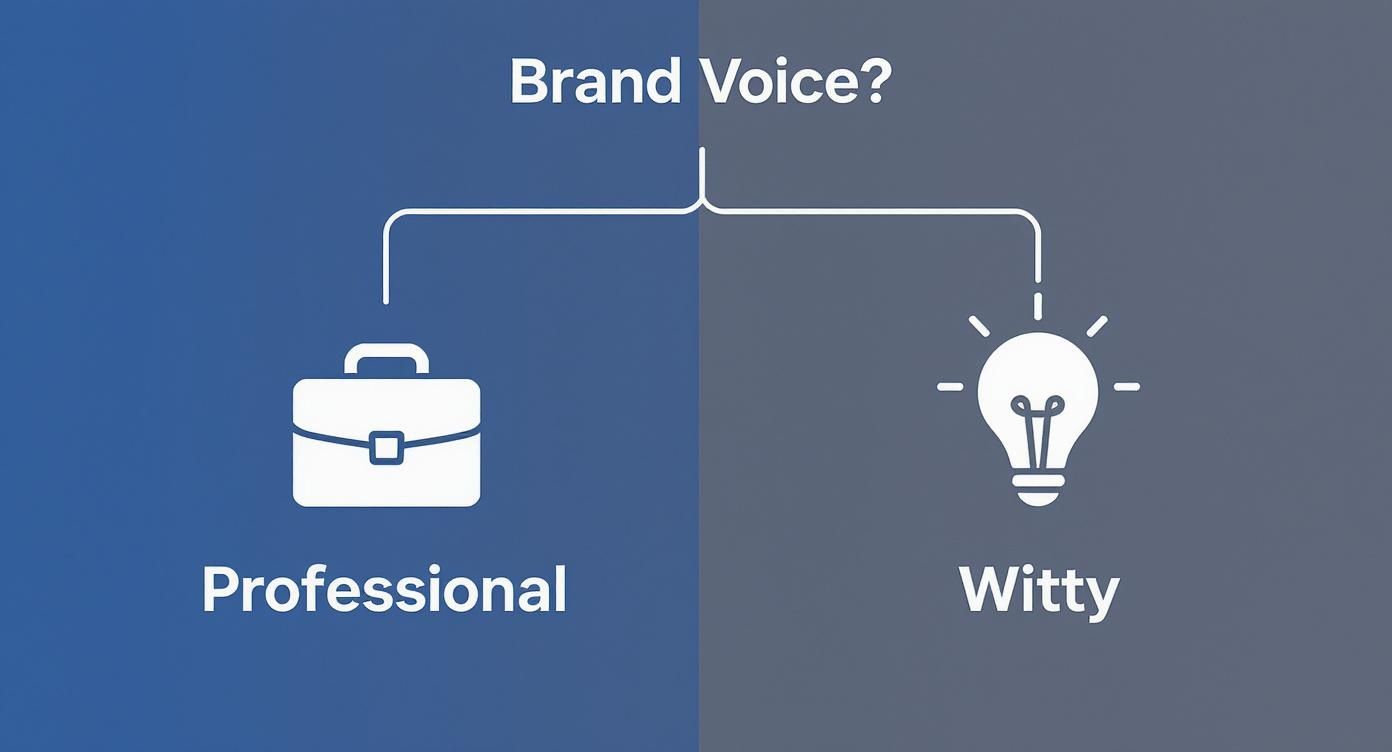 A diagram illustrating the choice of brand voice: professional (briefcase icon) or witty (lightbulb icon).