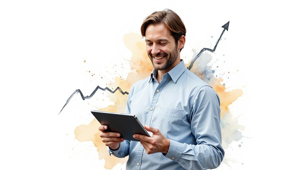 Smiling man in blue shirt looking at a tablet, with an abstract rising graph behind him.