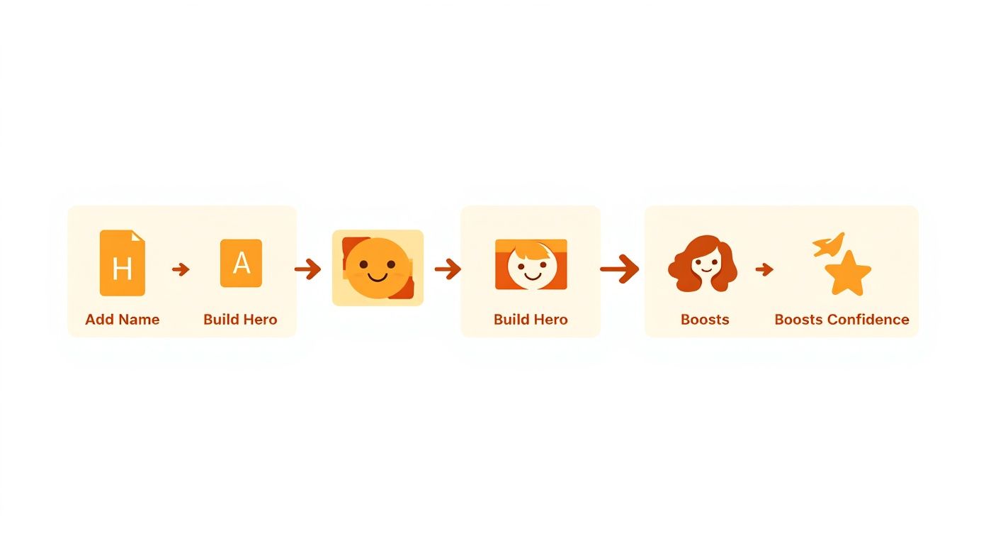 A visual process diagram showing steps: Add Name, Build Hero, Boosts, and Boosts Confidence.