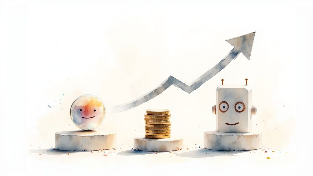 Illustration showing gears turning to represent automation, leading to cost savings, improved customer satisfaction, and increased agent productivity.
