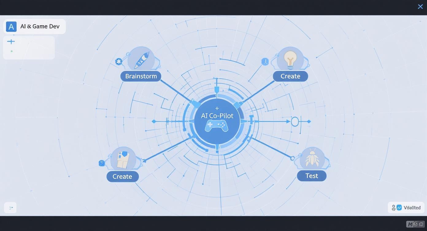 Diagram illustrating an AI Co-Pilot workflow for game development, featuring brainstorm, create, and test stages.