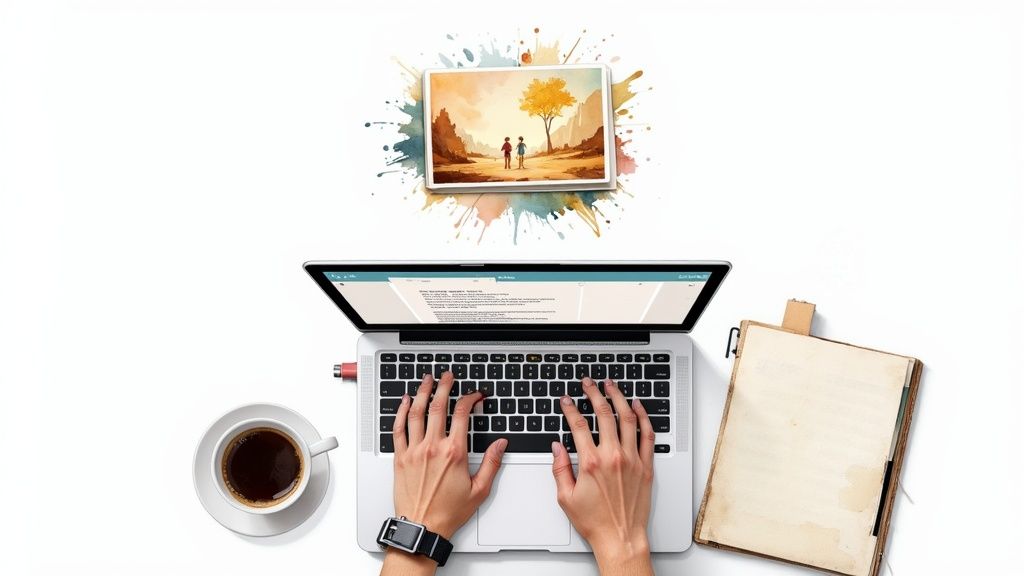 Person typing on laptop with coffee, notebook, and creative artwork displayed above workspace