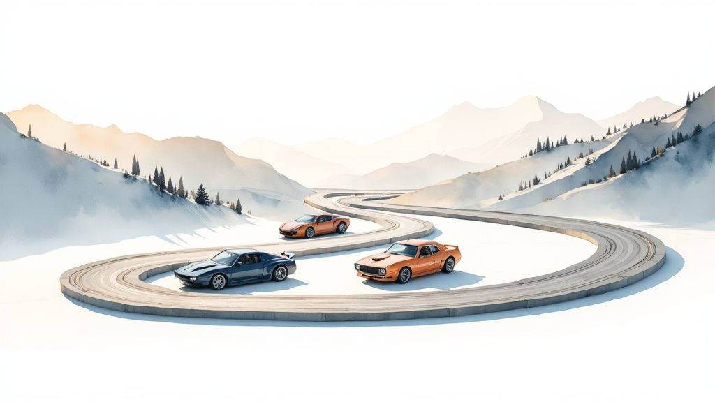 Three classic sports cars drive on a winding road through a minimalist, snowy mountain landscape.