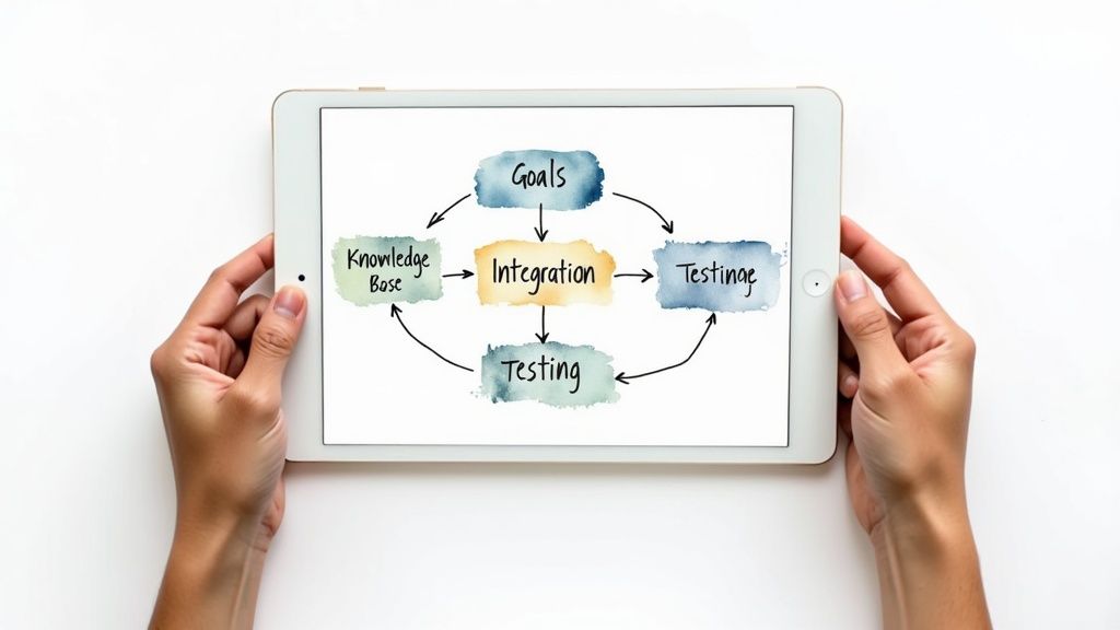 A person at a desk interacting with an AI chatbot on their laptop, with a checklist and gear icons symbolizing the implementation process.