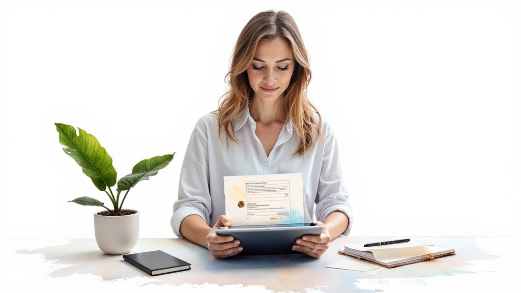 A focused woman in a white shirt reviewing information on a tablet with a projected interface at a modern desk.