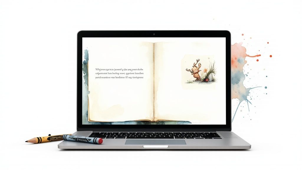 A child's drawing of a superhero that resembles them, taped to a colorful bedroom wall.