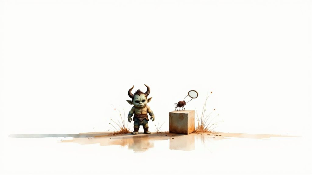 A whimsical watercolor illustration of a horned imp watching a beetle with a magnifying glass.