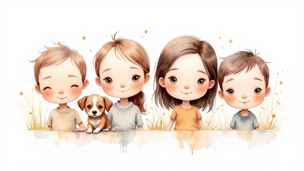 Four cheerful cartoon children and a small dog peek over a watercolor-painted ledge, smiling brightly.