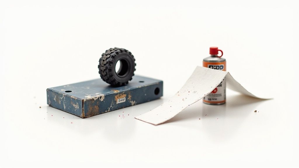 A small toy tire rests on a weathered blue box, beside a miniature gas can and paper ramp.
