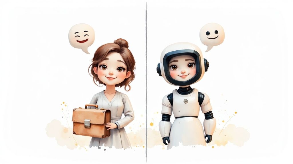 A cartoon human girl holding a briefcase and a robot side-by-side, both with happy emojis.