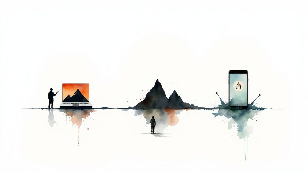 Watercolor art depicting the stages of game development, from conceptualization to user interaction.