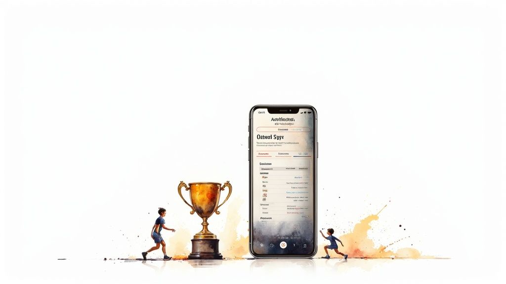 Artistic illustration of a golden trophy, a smartphone displaying a game, and two children running.