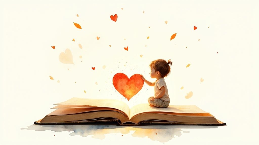 A child reading a magical, glowing book in a cozy room, illustrating the joy of children's stories.