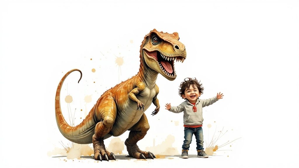 A child reading a personalized dinosaur storybook in their bedroom.