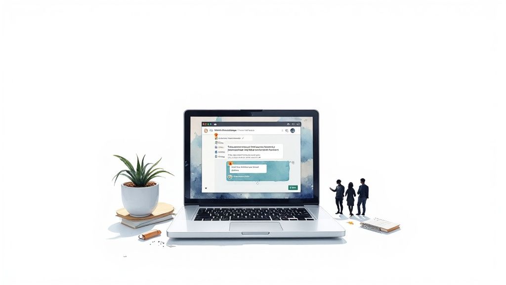 A minimalist workspace featuring a laptop displaying a chatbot interface, a plant, and small figurines.