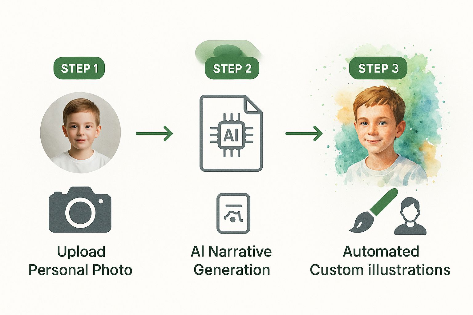Infographic showing the three-step process of a social story creator from photo upload to AI generation to custom illustrations