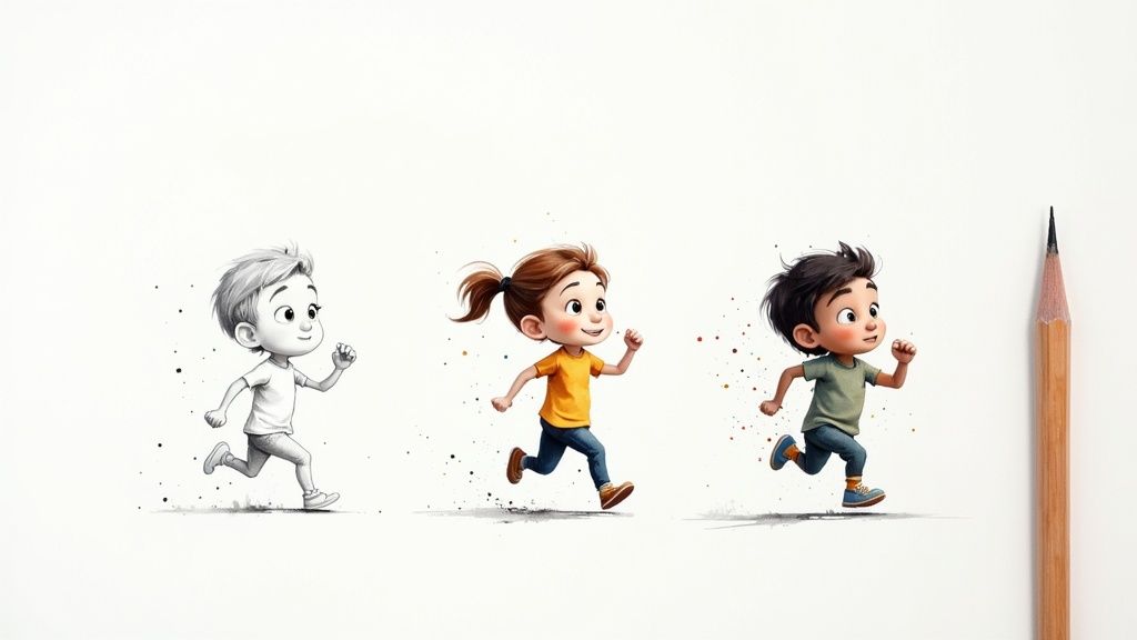 Three cartoon children running, one grayscale sketch, two in full color, next to a drawing pencil.