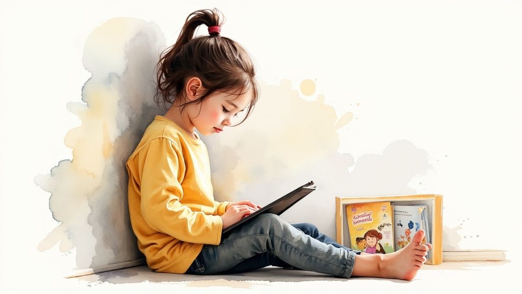 A teacher and a student sitting together, reading a printed hardback social story in a classroom setting.
