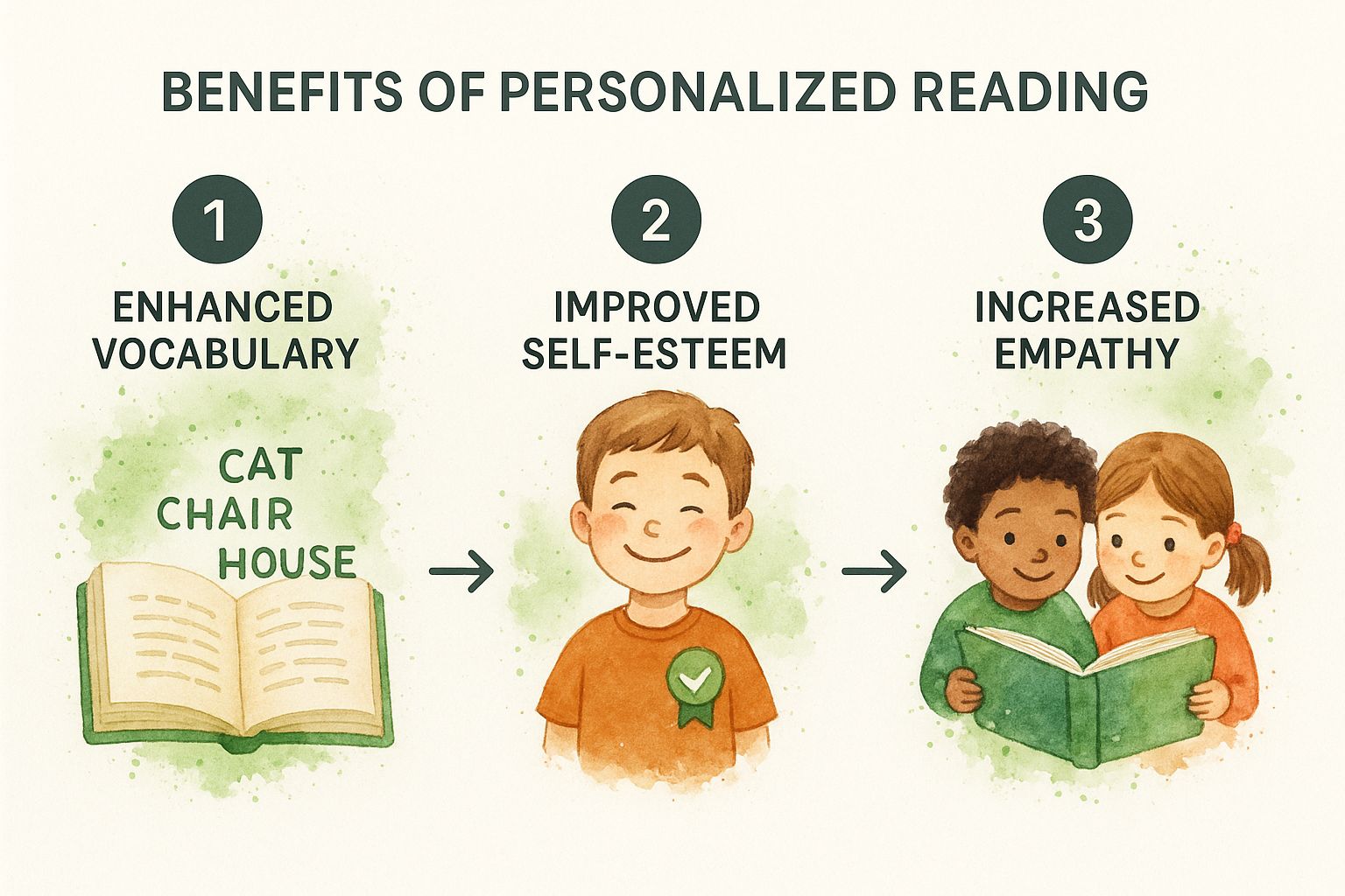 An infographic illustrating the developmental benefits of personalized reading, showing steps for enhanced vocabulary, improved self-esteem, and increased empathy.