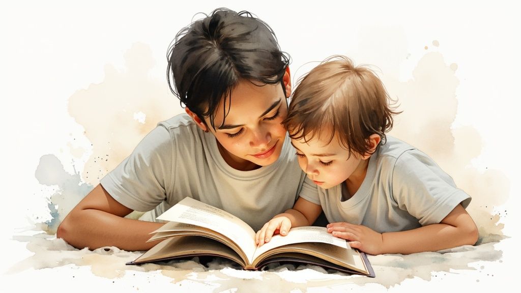 A parent reading a bedtime story to a child in a cozy bed.