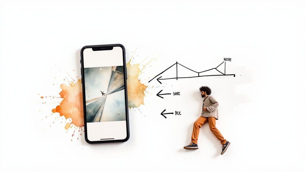 Smartphone displaying creative content with arrows showing social media growth strategy and engagement process
