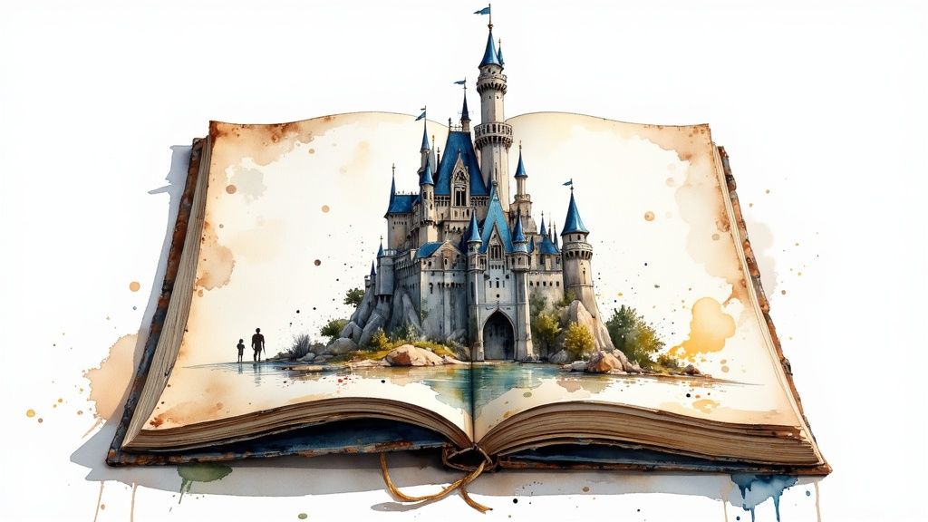 A digital illustration showing a whimsical, personalized storybook with unique characters.