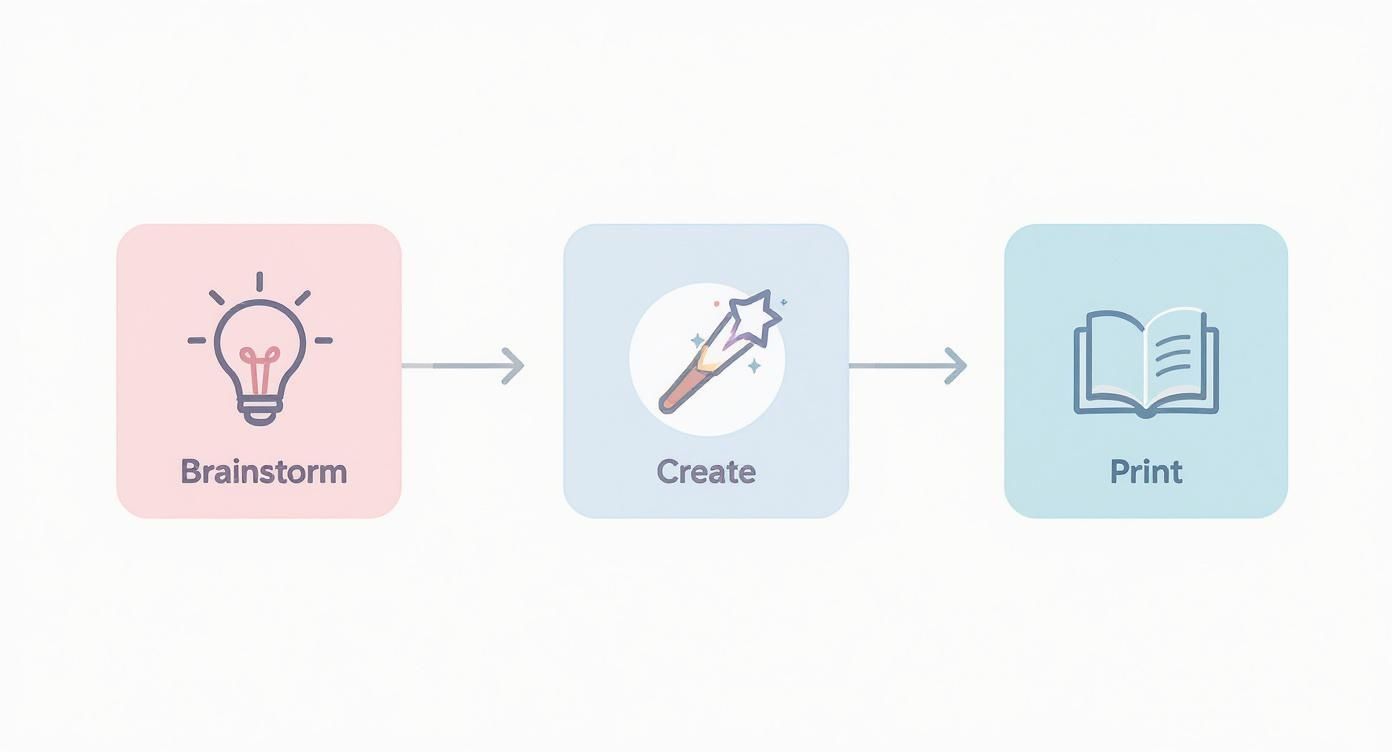 A three-step creative process flow: brainstorm (lightbulb), create (magic wand), and print (open book).