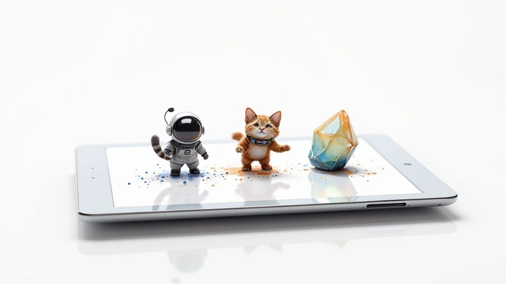 Adorable astronaut, kitten, and crystal figures on a tablet, with colorful digital paint splatters.