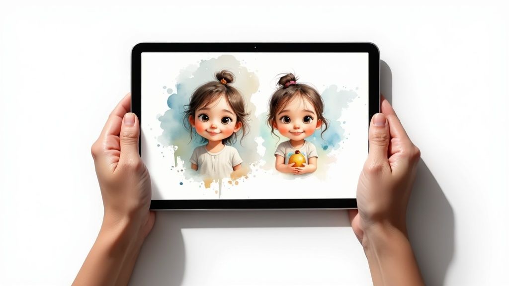 Two illustrated characters resembling real children jumping on a bed in a storybook page.