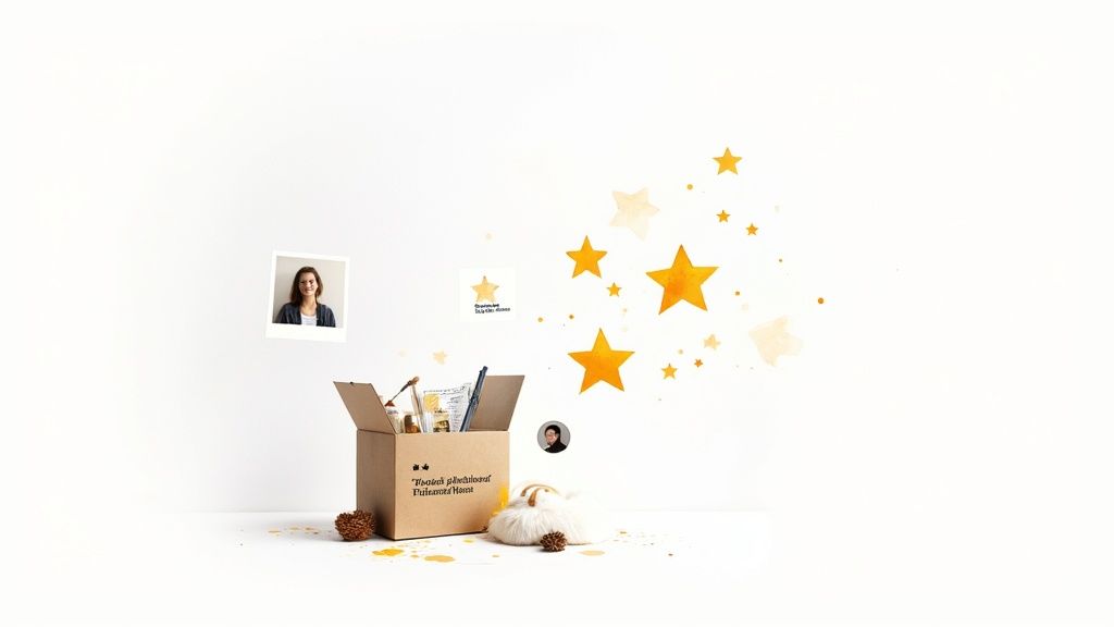 A customer leaving a five-star review on a laptop, illustrating the power of social proof