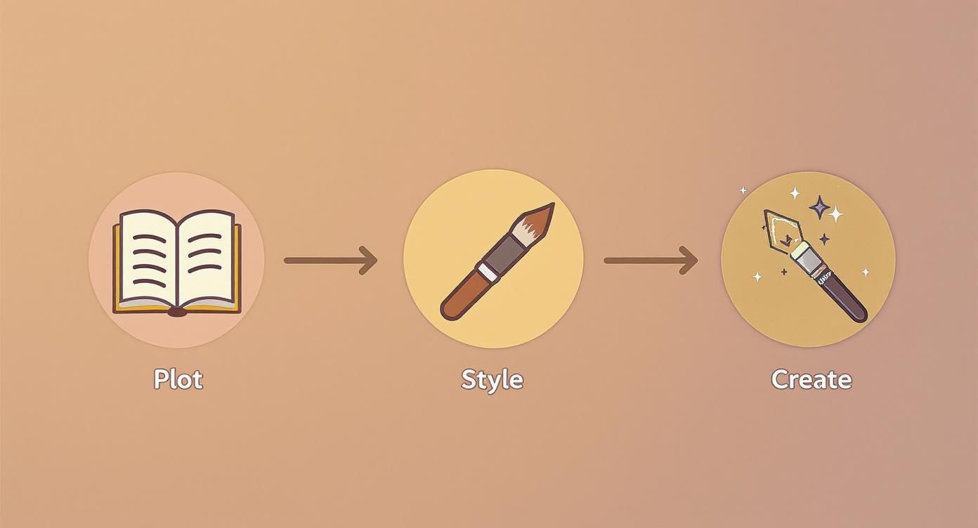 Infographic showing the creative process: Plot with a storybook icon, Style with a paintbrush icon, and Create with a magic wand icon.