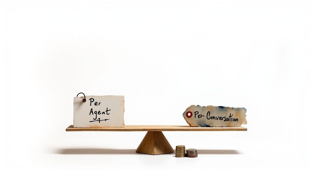 A balance scale compares 'Per Agent' and 'Per-Conversation' pricing models, with coins symbolizing cost.