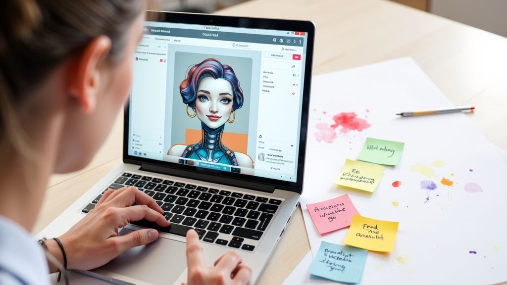 Person working on a laptop displaying digital art, with sticky notes and paint splatters on the table.