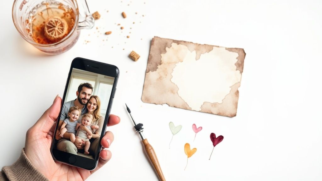 Hand holding smartphone displaying family photo with crafting supplies and vintage paper on white background