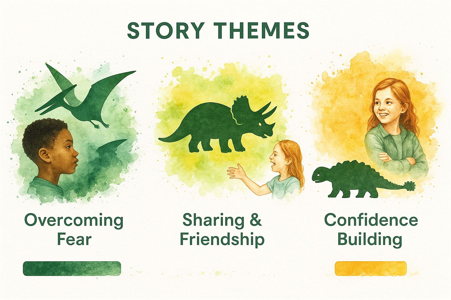 Infographic showing a Pterodactyl for Overcoming Fear, a Triceratops for Sharing & Friendship, and an Ankylosaurus for Confidence Building.