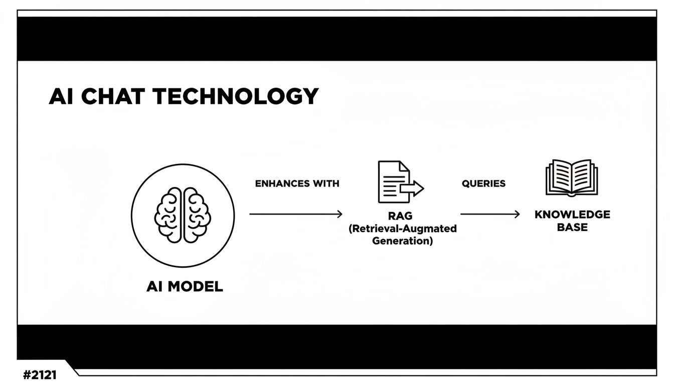 A diagram illustrates AI Chat Technology, showing an AI model enhanced by RAG (Retrieval-Augmented Generation) querying a knowledge base.