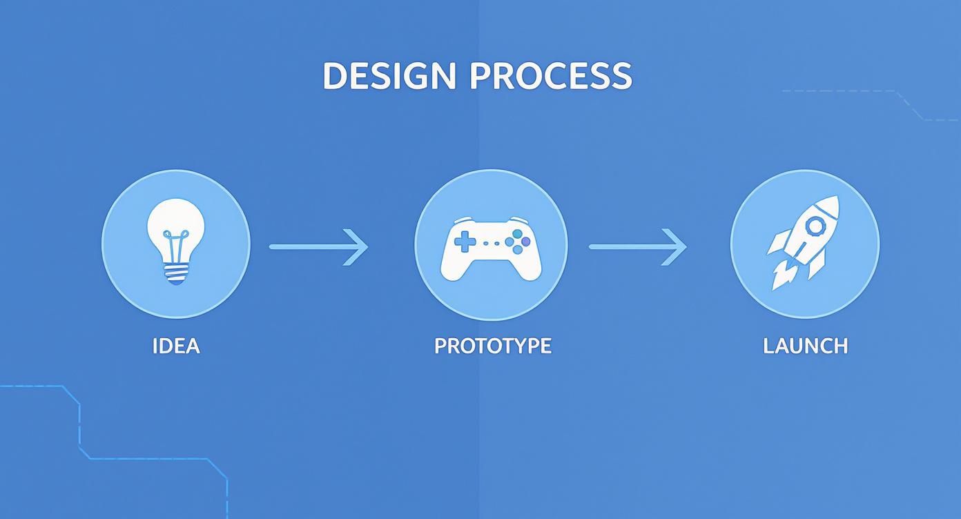 An infographic illustrating the design process for a video game: Idea, Prototype (game controller), and Launch.