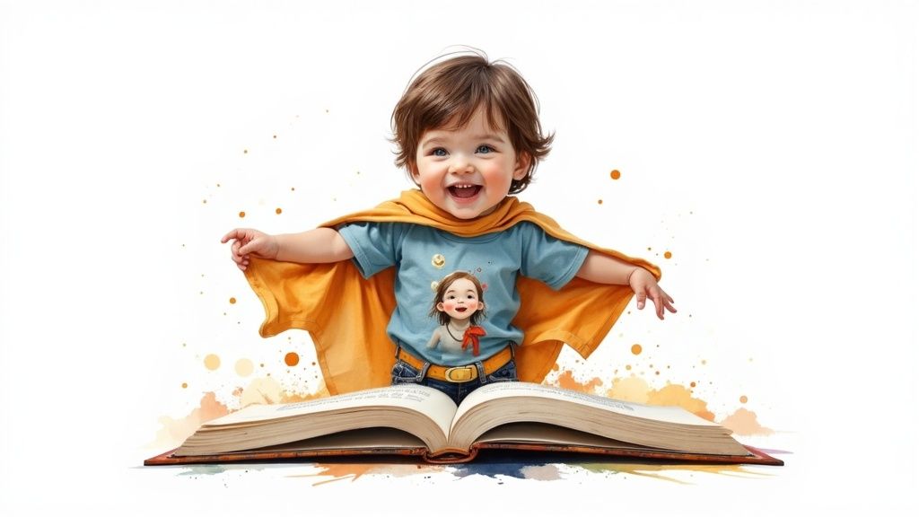 A child reading a personalized story book featuring themselves as the main character.