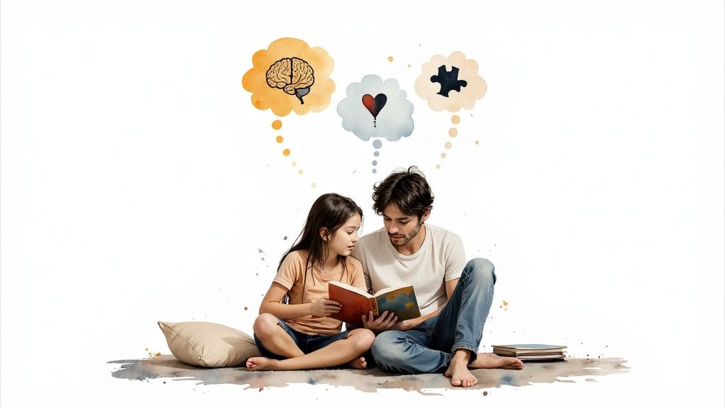 A child and adult reading a story book together in a cozy setting