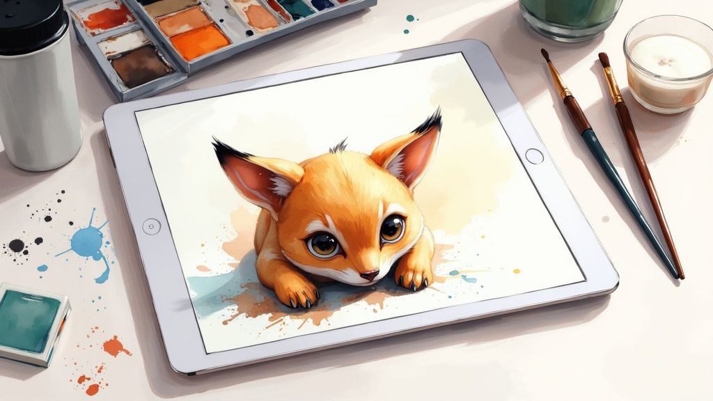 A watercolor painting of a whimsical forest scene