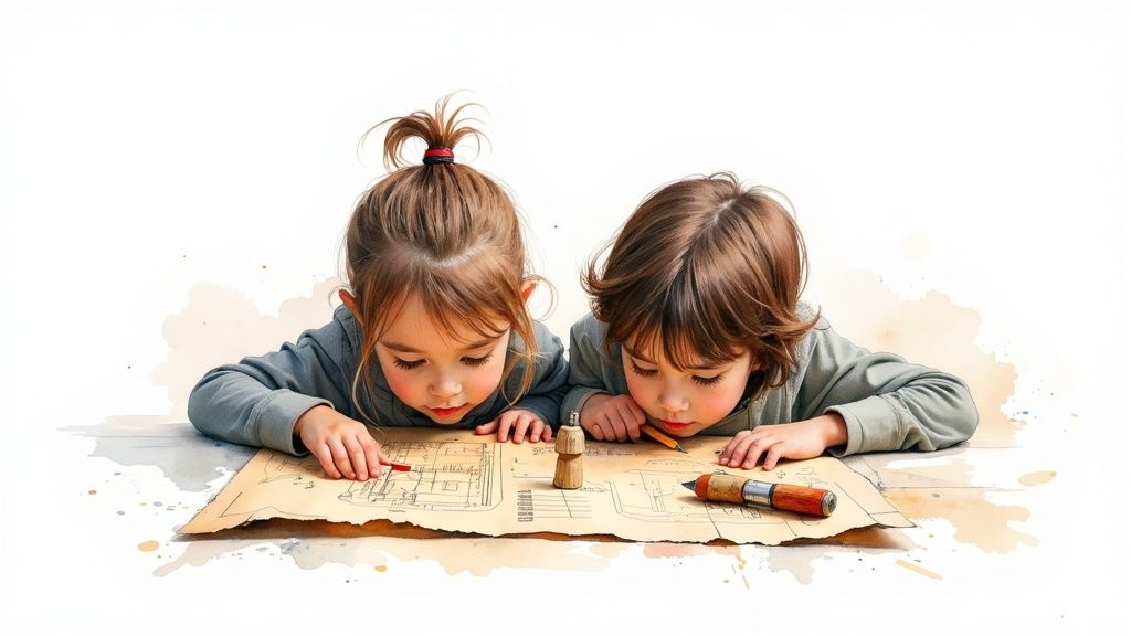 Two young siblings intently drawing on old architectural plans with pencils and crayons.