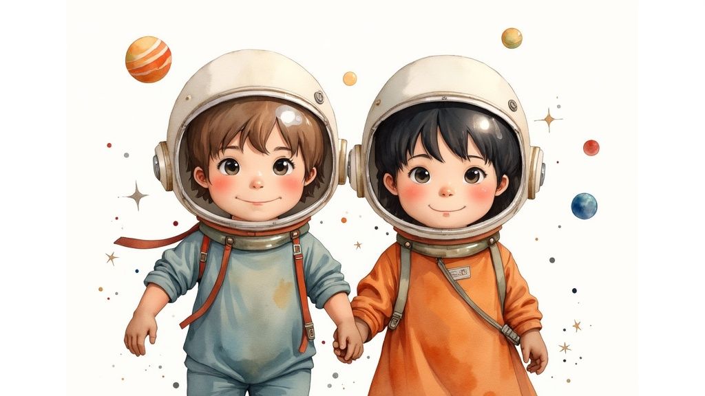 A whimsical illustration showing two children on an adventure, representing the various art styles available for personalized sibling books.