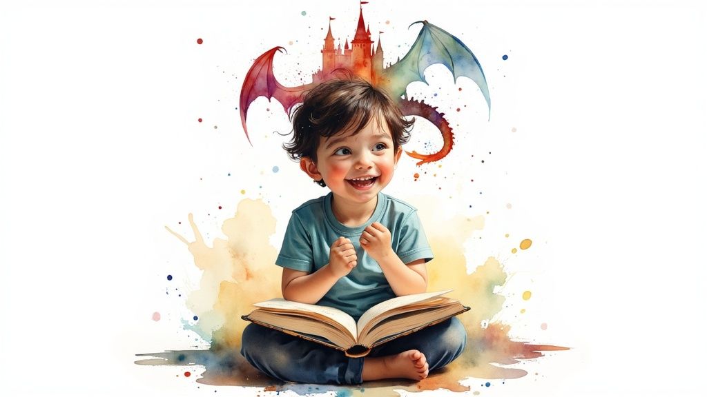 A child joyfully reading a personalized storybook featuring their own character.