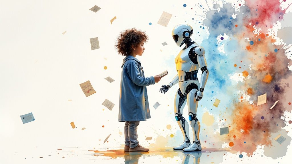 A vibrant, whimsical library where books are flying off the shelves, symbolizing the endless creative possibilities of AI in storytelling.