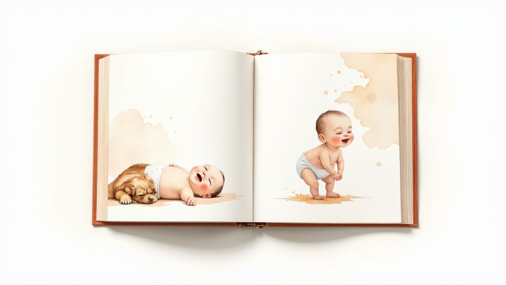 A charming open storybook displays adorable watercolor illustrations of playful babies and a puppy.